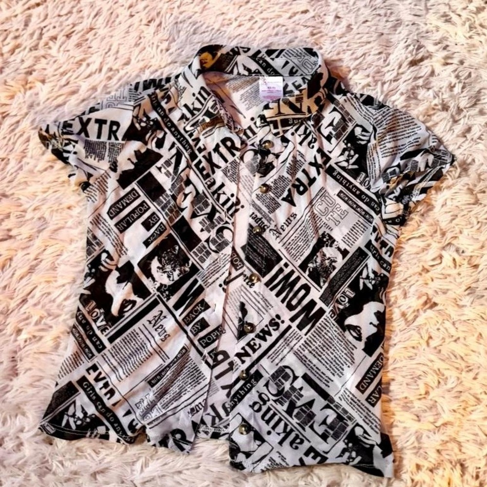 Mesh Newspaper Sheer Streetwear Y2K Grunge Urban Button Down Top Womens XS Edgy